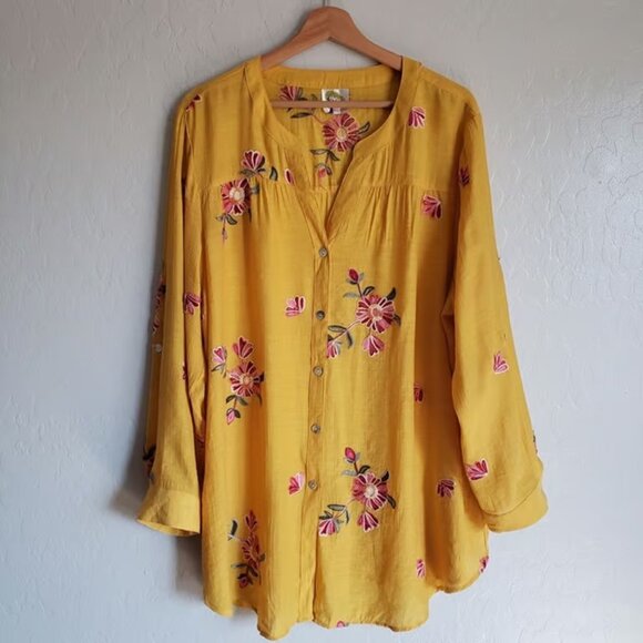 Tops - Fig & Flower Floral Embroidered Split V-Neck Tunic Top Marigold Yellow Womens 2X